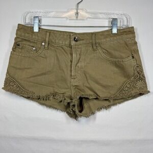 Roxy Denim Shorts Lace Trim Frayed Hem Casual Summer Khaki Size‎ 27